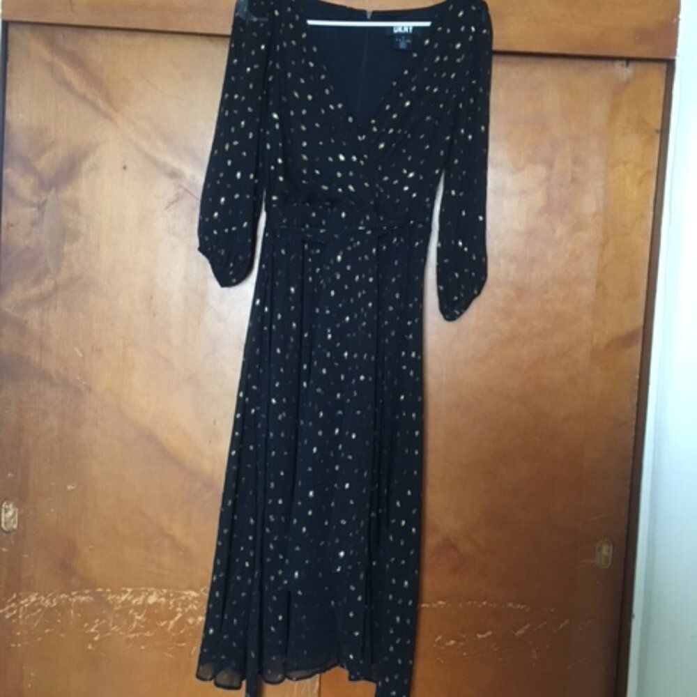 DKNY Black and gold polka dot faux wrap dress